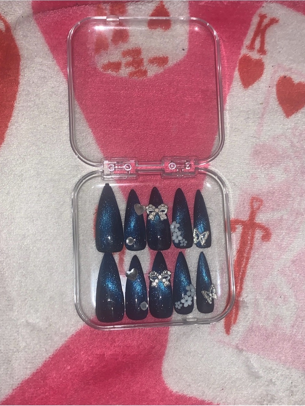 Chic Navy Blue Glitter Press-On Nail Set with Rhinestone Accents